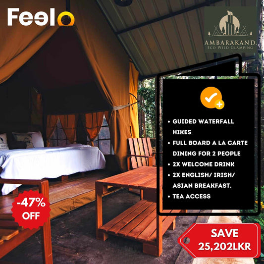 2 days in a luxury glamping tent in front of the tallest waterfall in Sri Lanka: full board dining + waterfall hikes for 2 people