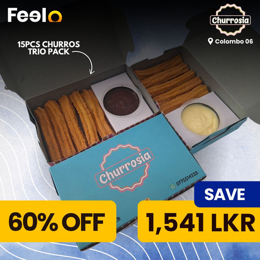 15pcs Trio Pack: Churros with Choc Dip, Dulce de leche Dip, White Choc Dip from Churrosia | Colombo 06 - Churrosia - Colombo 06 | Feelo