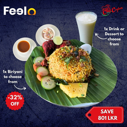 1x Biriyani (Mutton, Prawn, Chicken, Fish or Veg) + 1x Drink or Dessert of your choice - Chef Ceylon, Wellawatta | Feelo