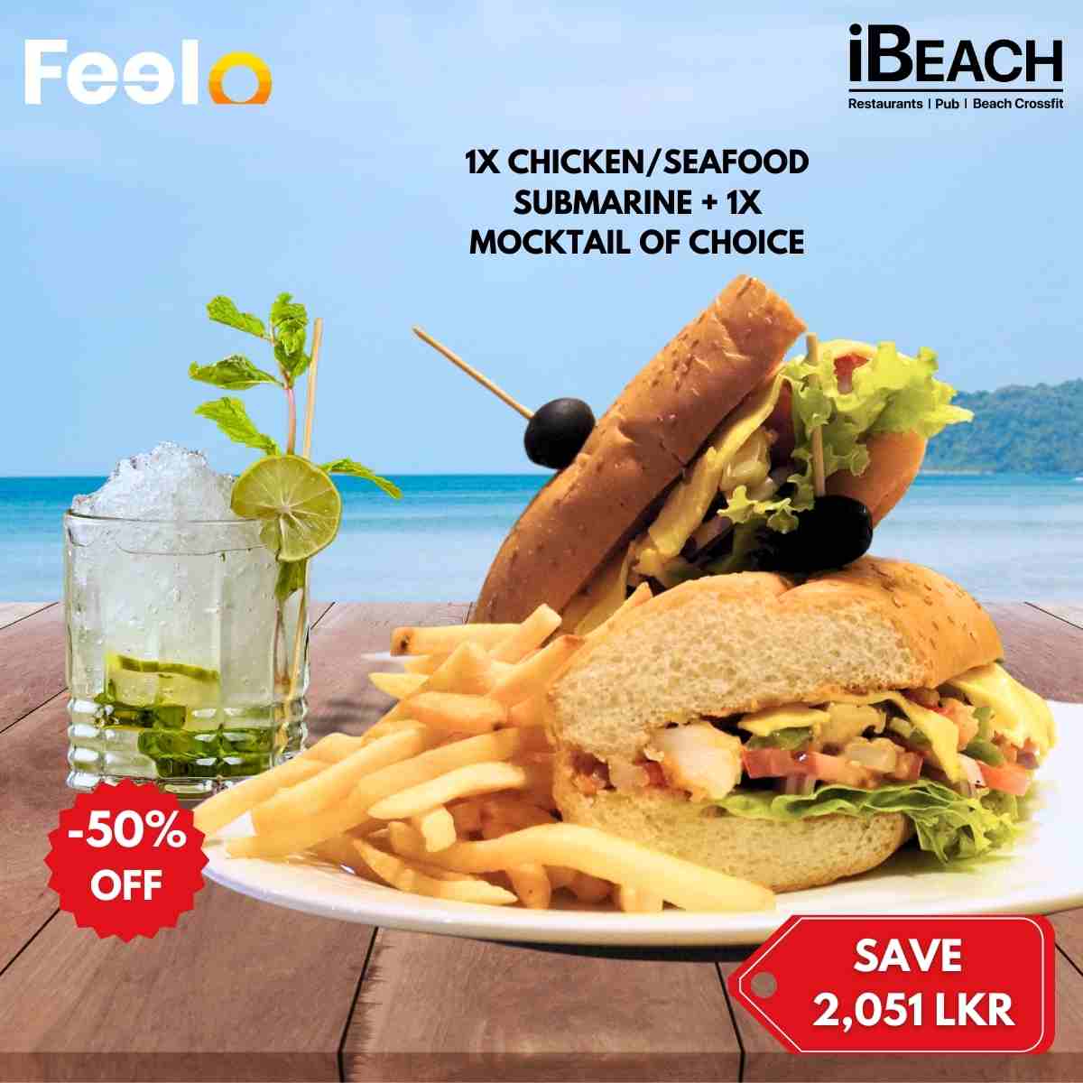 1x Chicken or Seafood Submarine with 1x Choice of Mocktail from IBEACH Restaurant - IBEACH Restaurent, 39/6, Frazer Avenue, Dehiwala, Sri Lanka | Feelo