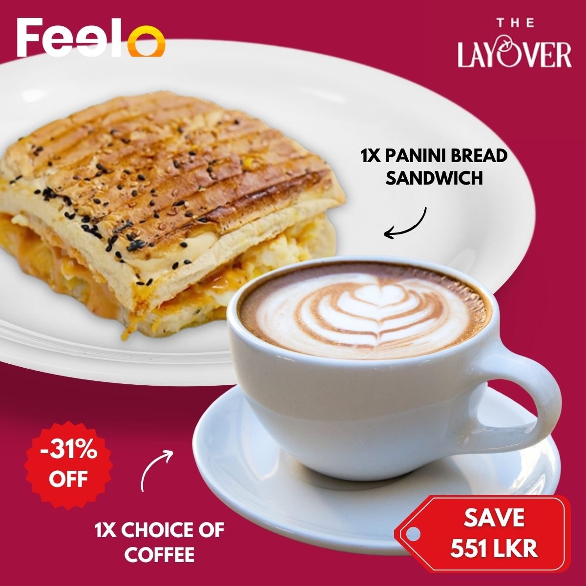 1x Choice of Coffee and 1x Choice of Panini Bread Sandwich at The Layover Marine Drive - The Layover, Marine Drive, Colombo 03 | Feelo