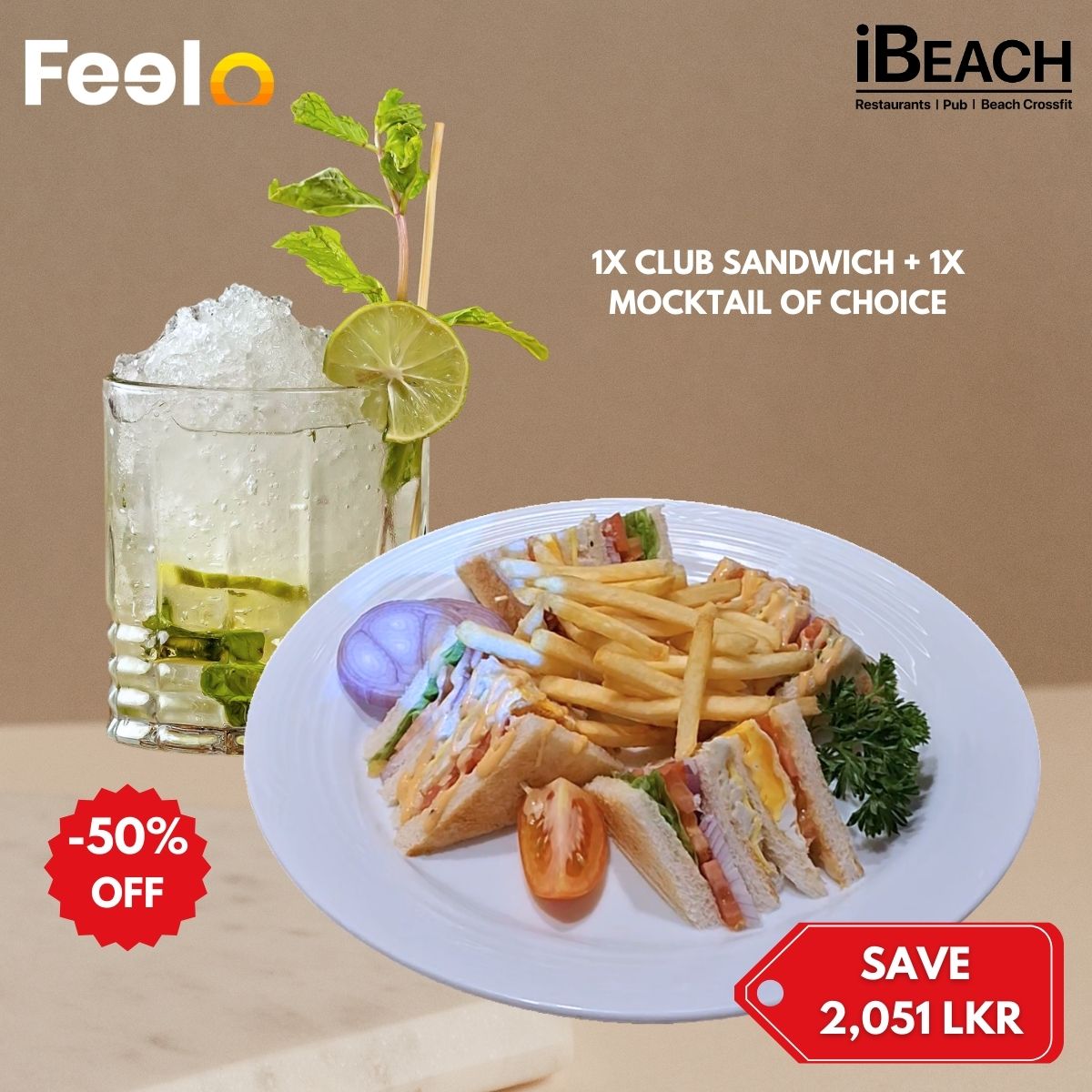 1x Club Sandwich and 1x Mocktail of choice - IBEACH Restaurent, 39/6, Frazer Avenue, Dehiwala, Sri Lanka | Feelo