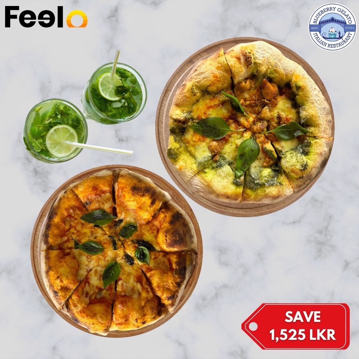 1x Pesto and 1x Margarita Pizza Delight with 2x Mojitos in the Upside Down Experience - Blue Berry Gelato - Upside Down Colombo | Feelo