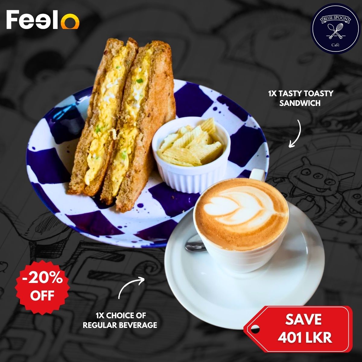 1x Tasty toasty sandwich with 1x Choice of regular beverage - BLUE SPOON CAFE, Colombo 05 | Feelo