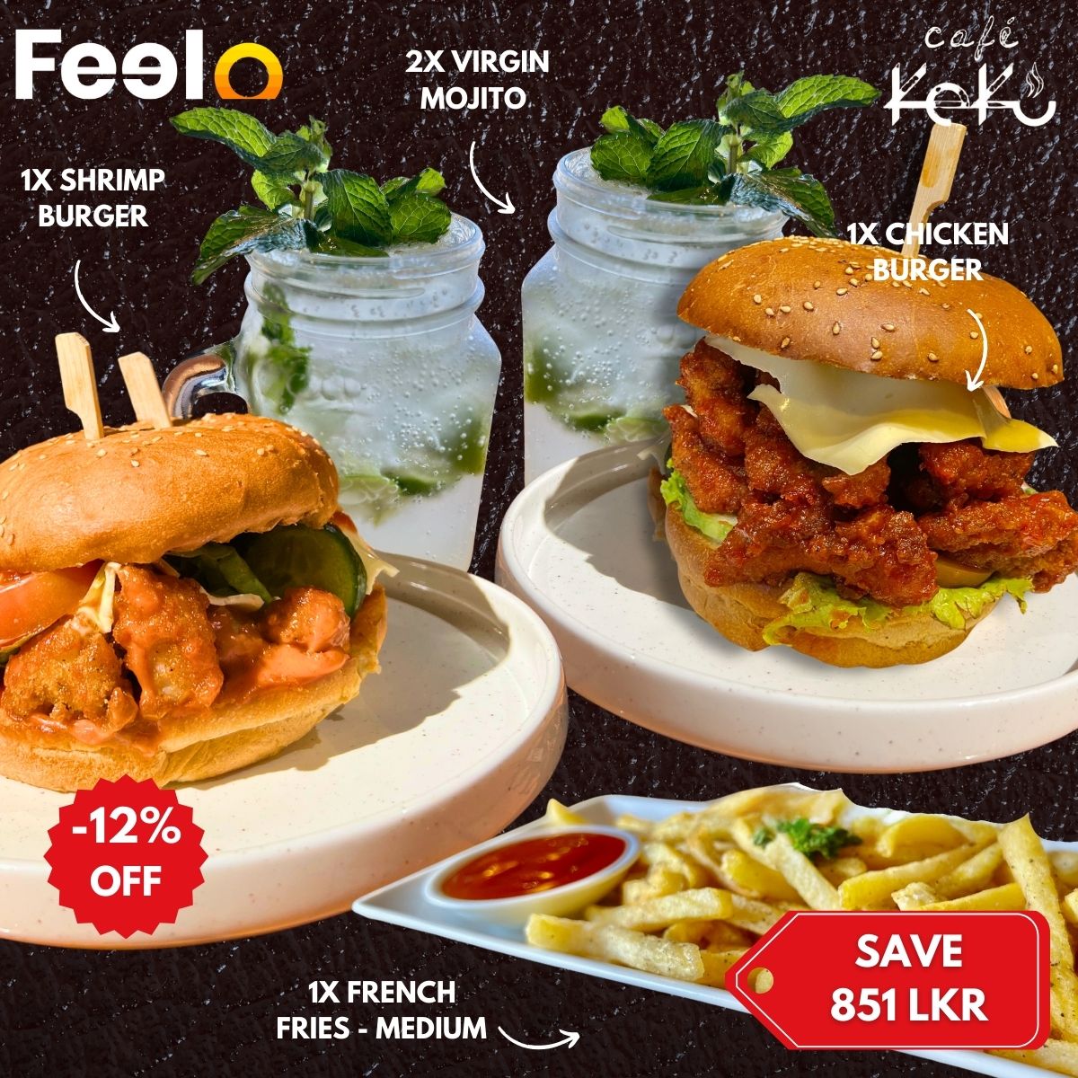 2x Burgers & 2x Virgin Mojitos with 1x French Fries - Medium Portion to an Artistic Relaxation - Cafe Keku, Nugegoda, Sri Lanka | Feelo