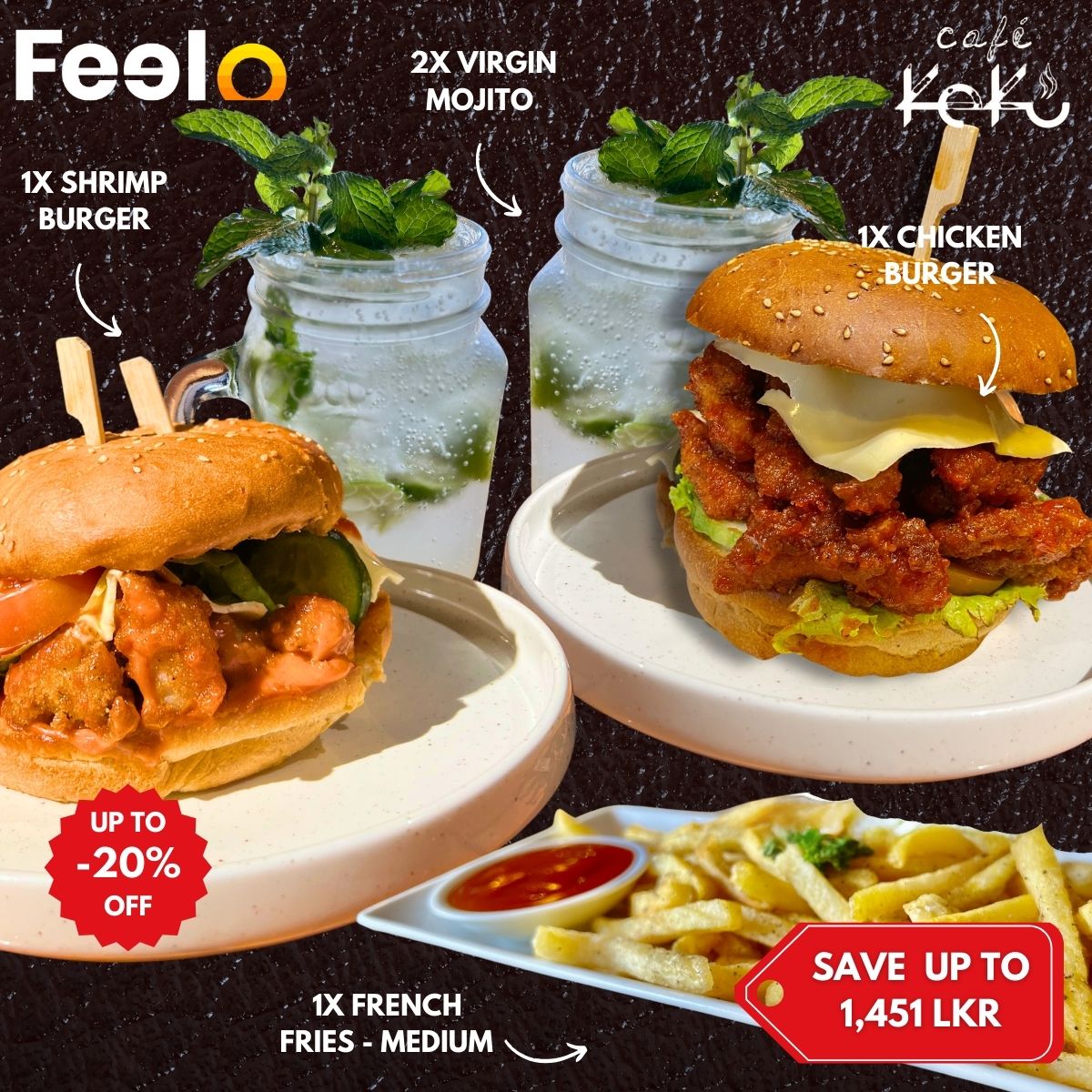 2x Burgers & 2x Virgin Mojitos with 1x French Fries - Medium Portion to an Artistic Relaxation - Cafe Keku, Nugegoda, Sri Lanka | Feelo