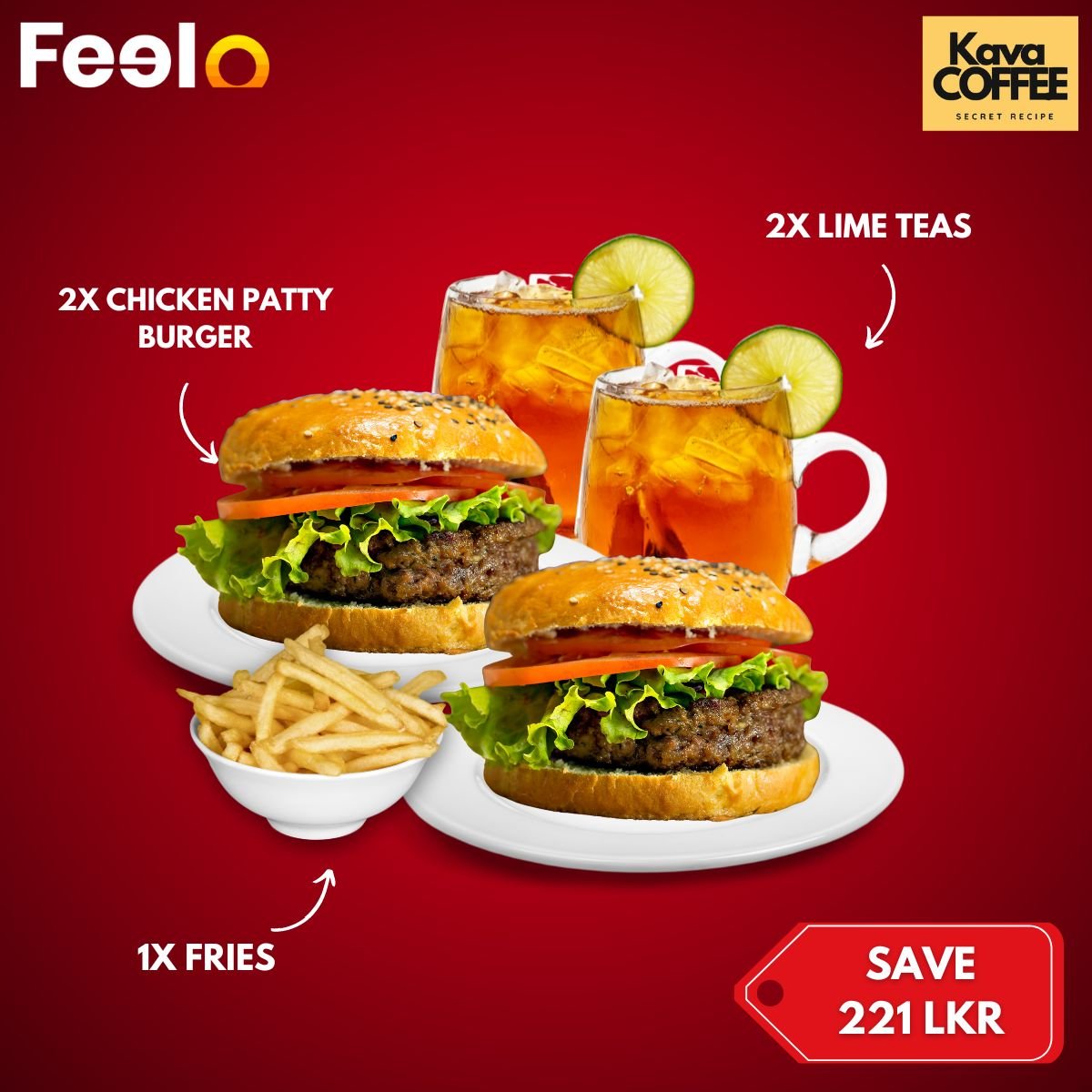 2x Chicken Patty Burger & 2x Lime Teas with 1x French Fries from The Kava Coffee - The Kava Coffee, Colombo 01 | Feelo