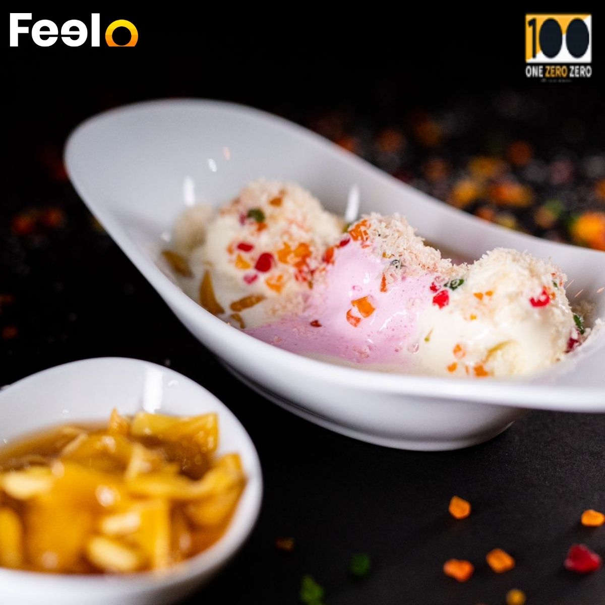 2x Pani Waraka Ice Cream with Kithul Pani and dehydrated coloured candied fruits - One Zero Zero, Nugegoda | Feelo