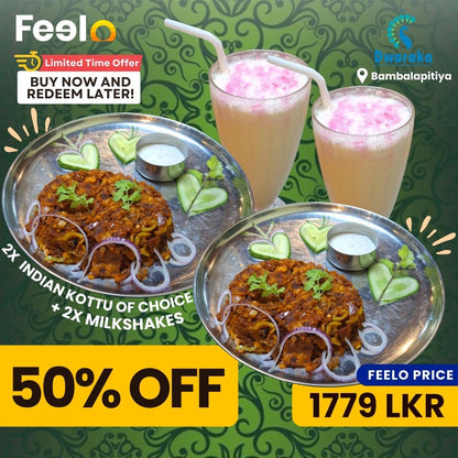 2x Parotta Kottus + 2x Milkshakes for 2 People from Dwaraka Indian Vegetarian Restaurant: The Ultimate Feast! | Bambalapitiya - Dwaraka Indian Vegetarian Restaurant, Bambalapitiya | Feelo