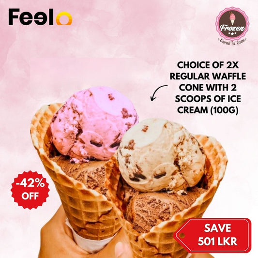 2x regular Waffle Cones with 2x scoops of Premium, homemade, and old-fashioned ice cream (100g) of your choice - Frozen Ice Cream, Majestic City, Bambalapitiya | Feelo