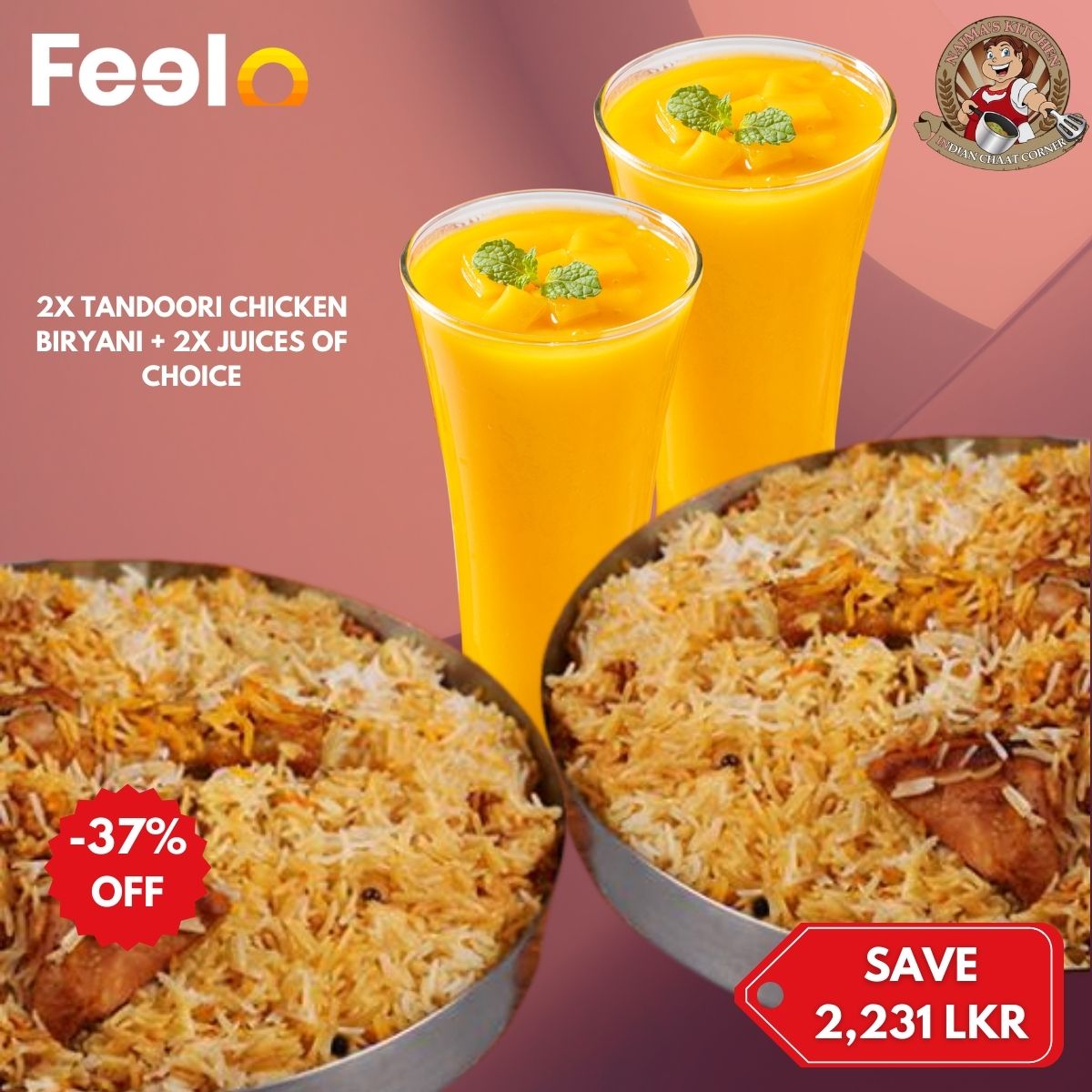 2x Tandoori chicken biryani with 2x juices of Choice from Najma's Kitchen - Najma's Kitchen, Colombo 06 | Feelo