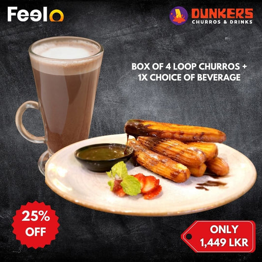 4x loop Churros with 1x Hot Chocolate ot Iced Tea from Dunkers Churros & Drinks | Ward Place - Dunkers Churros & Drinks, Colombo 07 | Feelo