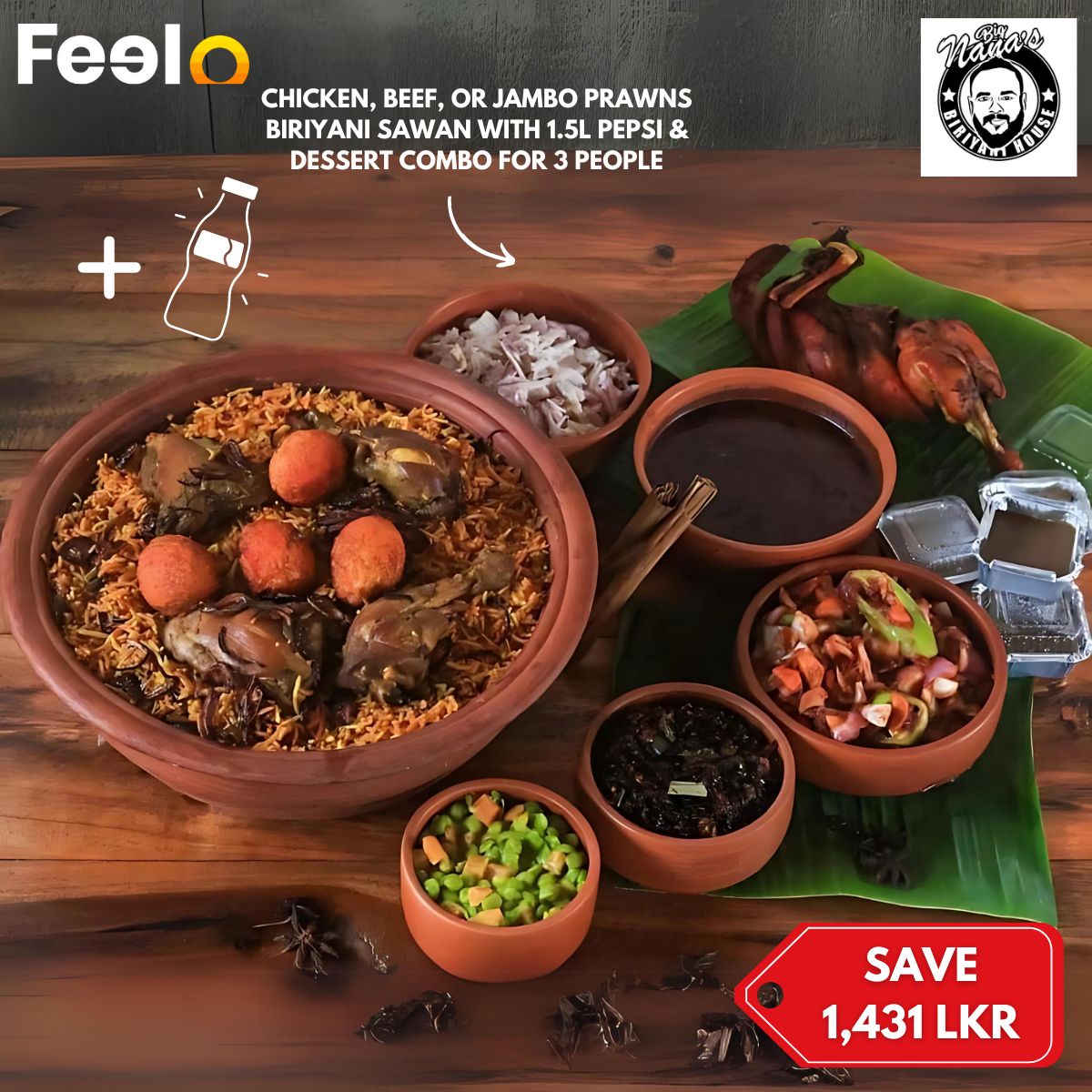 Chicken, Beef, or Jambo Prawns Biriyani Sawan with Pepsi and Dessert Combo For 3 or 6 People - Big Nana's Biriyani House | Feelo