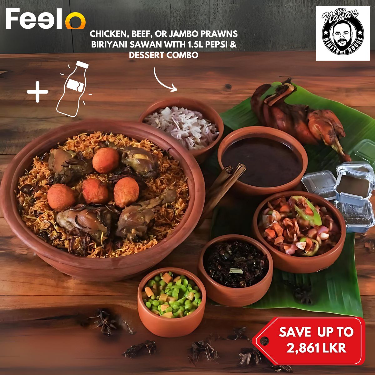 Chicken, Beef, or Jambo Prawns Biriyani Sawan with Pepsi and Dessert Combo For 3 or 6 People - Big Nana's Biriyani House | Feelo