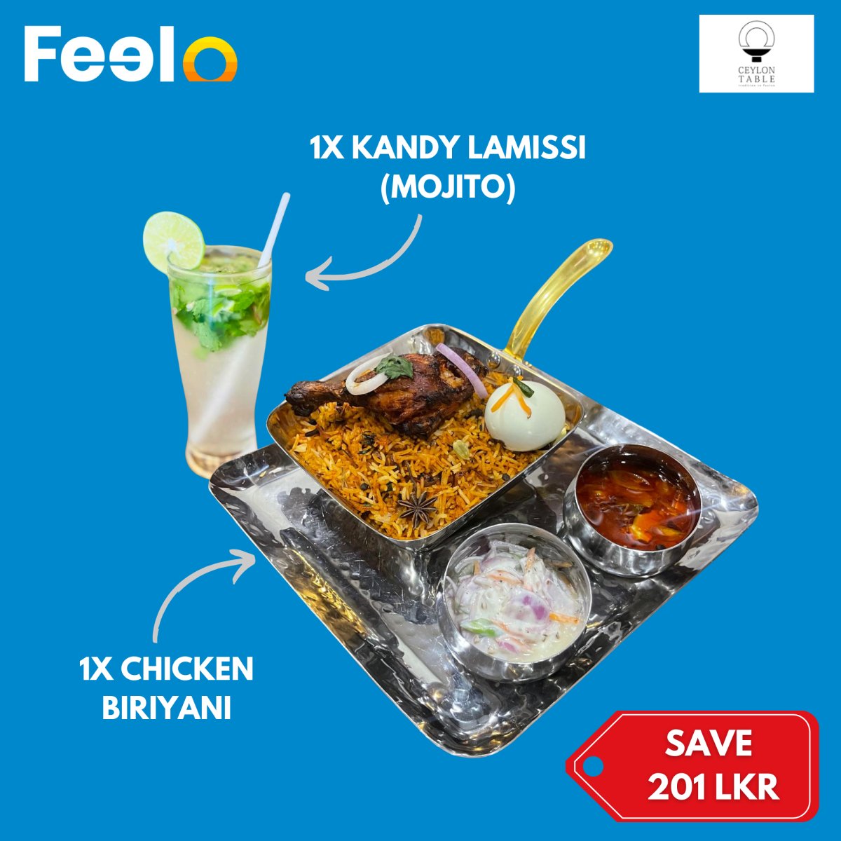 Delicious 1x Chicken Biriyani + 1x Kandy Lamissi - Ceylon Table, Colombo 13 | Feelo