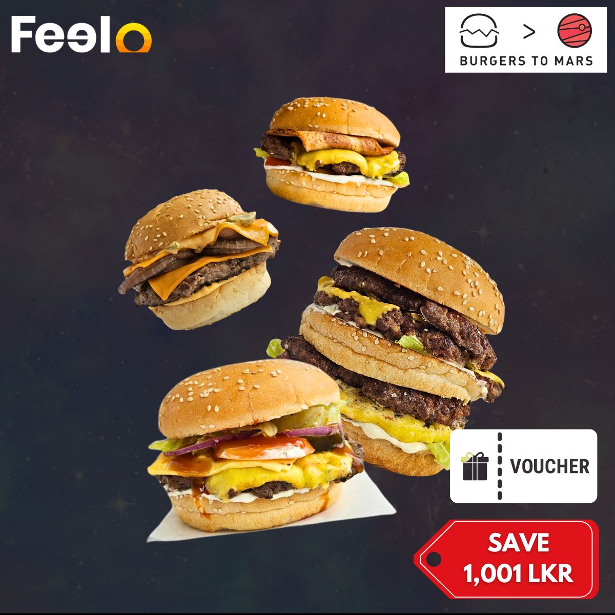 Enjoy Rs. 4,000 in burgers for only Rs. 2,999 with our amazing voucher at Burgers to Mars - Burgers to Mars, Kalubowila | Feelo